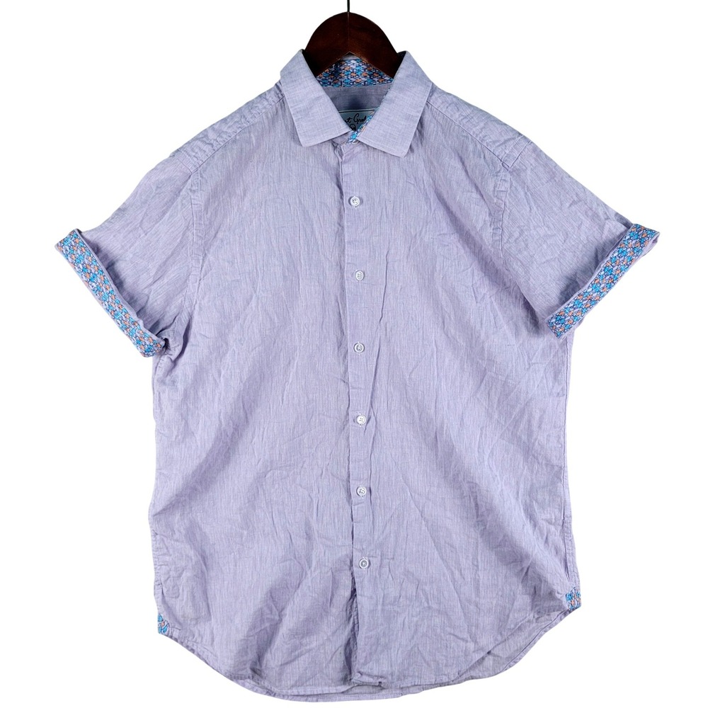 Robert Graham Shirt Men's Large Purple Flip Cuff Short Sleeve Linen Cotton Blend